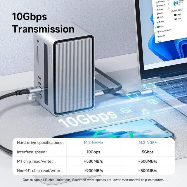 Alt view image 6 of 7 - Hagibis M.2 NVMe SATA SSD Enclosure Adapter, LED Strip Light USB C Docking Station, USB 3.2 Gen 2 (10 Gbps) to NVME PCI-E SATA M-Key/(B+M) Key Support UASP for NVME/SATA SSDs 2242/2260/2280