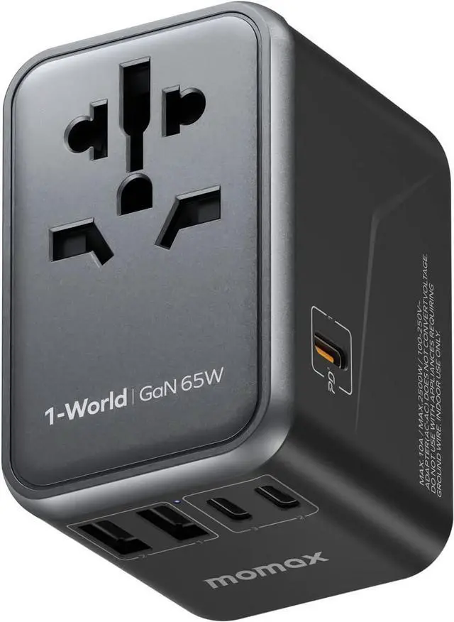 Main image of MOMAX Universal Travel Adapter, 65W GaN Travel Plug Adapter with UK/EU/AU/US Plugs, 3USB-C PD & 2USB-A QC Worldwide International Adapter Charger, International Converter for Laptops Tablets Phones