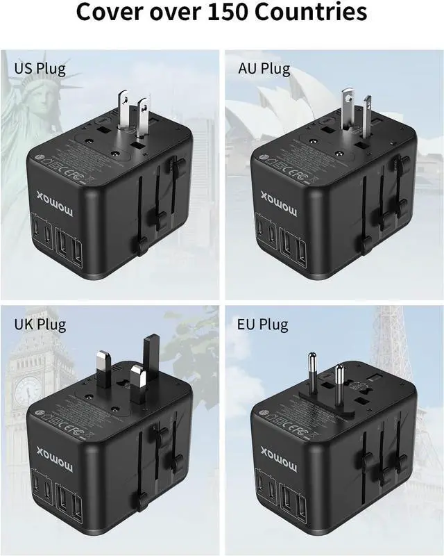Alt view image 4 of 7 - MOMAX Universal Travel Adapter, 65W GaN Travel Plug Adapter with UK/EU/AU/US Plugs, 3USB-C PD & 2USB-A QC Worldwide International Adapter Charger, International Converter for Laptops Tablets Phones