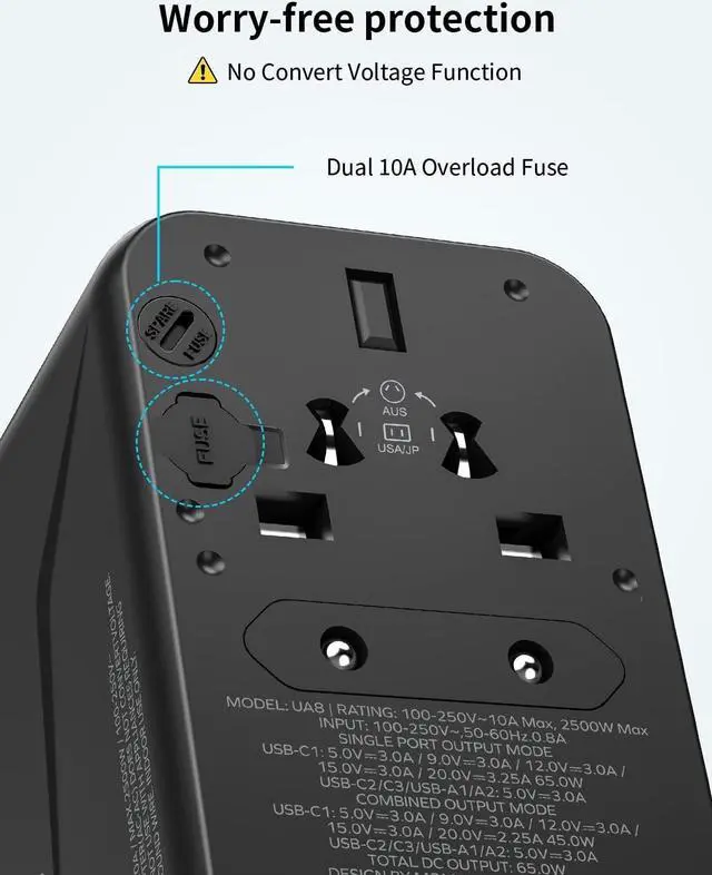 Alt view image 7 of 7 - MOMAX Universal Travel Adapter, 65W GaN Travel Plug Adapter with UK/EU/AU/US Plugs, 3USB-C PD & 2USB-A QC Worldwide International Adapter Charger, International Converter for Laptops Tablets Phones