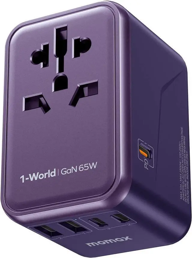 Main image of MOMAX Universal Travel Adapter, 65W GaN Travel Plug Adapter with UK/EU/AU/US Plugs, 3USB-C PD & 2USB-A QC International Adapter Charger, International Converter for Laptops Tablets Phones-Purple