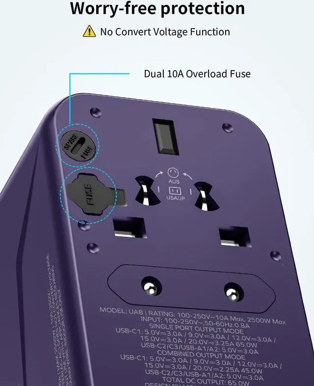 Alt view image 7 of 7 - MOMAX Universal Travel Adapter, 65W GaN Travel Plug Adapter with UK/EU/AU/US Plugs, 3USB-C PD & 2USB-A QC International Adapter Charger, International Converter for Laptops Tablets Phones-Purple