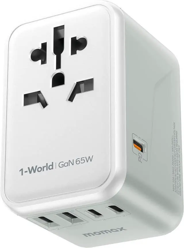 Main image of MOMAX Universal Travel Adapter, 65W GaN Travel Plug Adapter with UK/EU/AU/US Plugs, 3USB-C PD & 2USB-A QC International Adapter Charger, International Converter for Laptops Tablets Phones-White