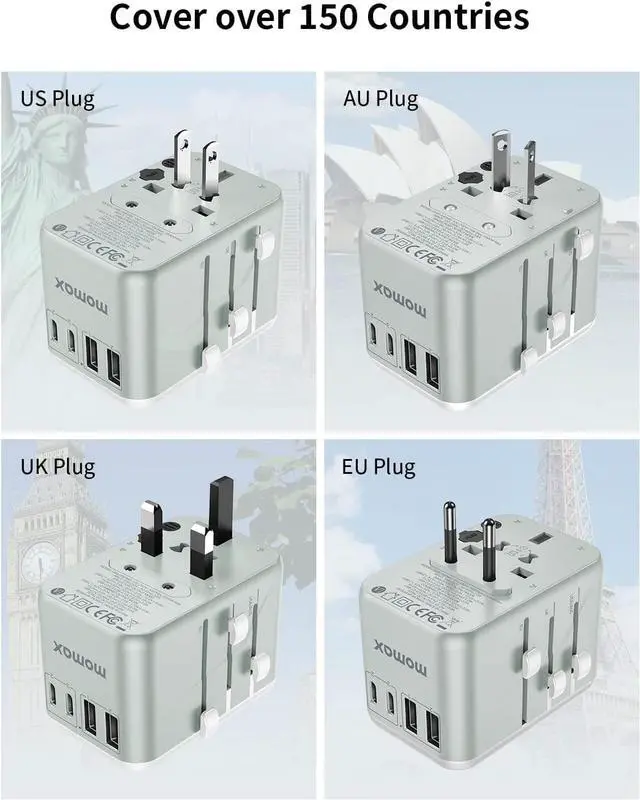 Alt view image 4 of 7 - MOMAX Universal Travel Adapter, 65W GaN Travel Plug Adapter with UK/EU/AU/US Plugs, 3USB-C PD & 2USB-A QC International Adapter Charger, International Converter for Laptops Tablets Phones-White