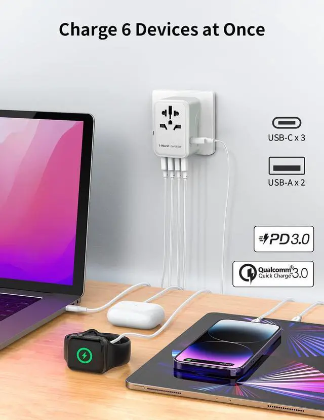 Alt view image 5 of 7 - MOMAX Universal Travel Adapter, 65W GaN Travel Plug Adapter with UK/EU/AU/US Plugs, 3USB-C PD & 2USB-A QC International Adapter Charger, International Converter for Laptops Tablets Phones-White