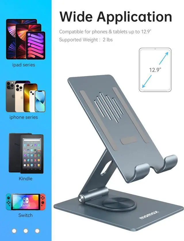 Alt view image 7 of 7 - MOMAX iPad Stand for Desk, 360° Rotating iPad Swivel Stand for Writing and Drawing, Foldable Aluminum Tablet Stands and Holders Adjustable for Store POS Office Showcase Reception Kitchen Desktop