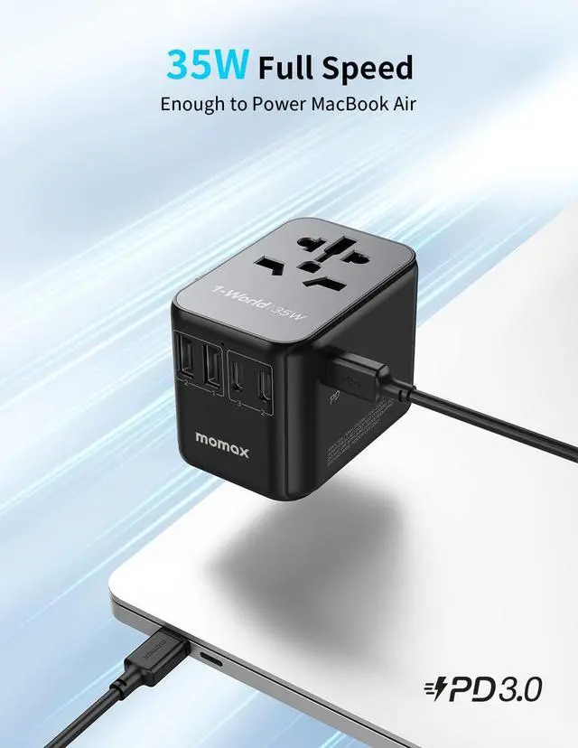 Alt view image 2 of 7 - MOMAX International Plug Adapter, PD 35W(Single Port) Travel Power Adapter, Universal Charger Adapter with 3USB-C+2USB-A, All in One Universal Outlet Adapter for Laptop/Tablet/Phone, US/EU/UK/AU