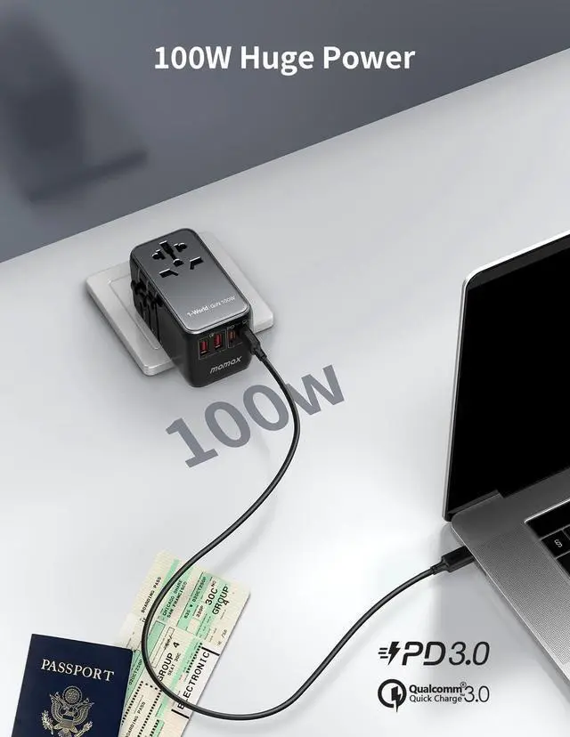 Alt view image 2 of 7 - MOMAX Universal Power Adapter, 100W Fast GaN International Travel Adapter, 2PD USB-C+2QC USB-A Travel Plug Adapter, US/UK/EU/AU Universal Charger Adapter for Laptops,Tablets,Phones, etc