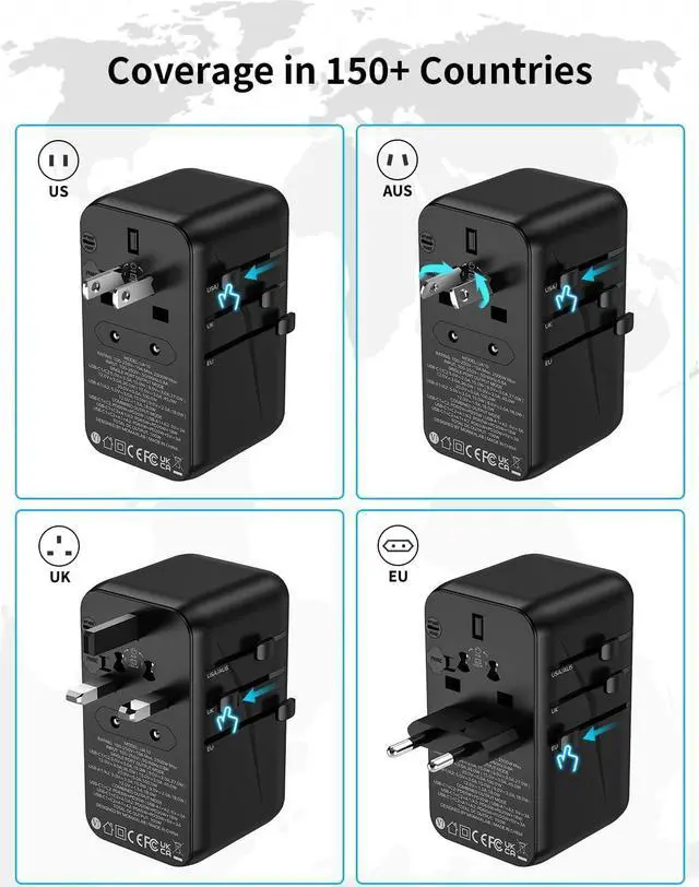 Alt view image 4 of 7 - MOMAX Universal Power Adapter, 100W Fast GaN International Travel Adapter, 2PD USB-C+2QC USB-A Travel Plug Adapter, US/UK/EU/AU Universal Charger Adapter for Laptops,Tablets,Phones, etc