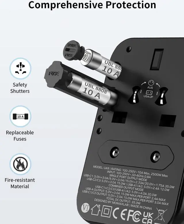 Alt view image 7 of 7 - MOMAX International Plug Adapter, PD 35W(Single Port) Travel Power Adapter, Universal Charger Adapter with 3USB-C+2USB-A, All in One Universal Outlet Adapter for Laptop/Tablet/Phone, US/EU/UK/AU