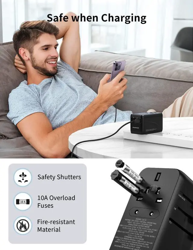 Alt view image 7 of 7 - MOMAX Universal Power Adapter, 100W Fast GaN International Travel Adapter, 2PD USB-C+2QC USB-A Travel Plug Adapter, US/UK/EU/AU Universal Charger Adapter for Laptops,Tablets,Phones, etc