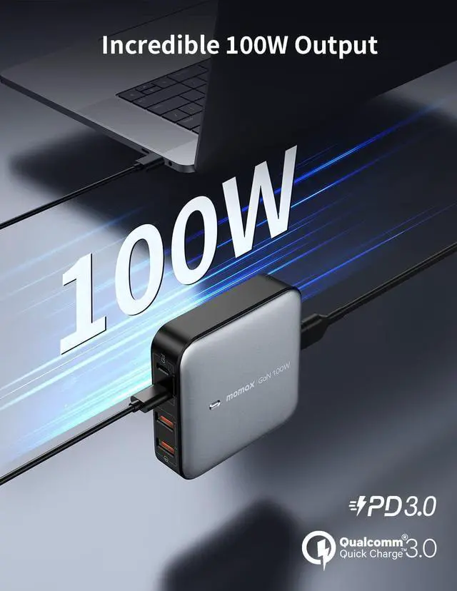 Alt view image 3 of 7 - MOMAX USB C Charging Station, 100W GaN USB C Charger with 6.56ft Cord, Fast USB C PD Charger Hub with 2USB-C, 2USB-A, USB C to Lightning Cable, Short Power Delivery iPhone Charger Cable, MFi Certified