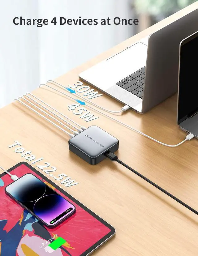 Alt view image 5 of 7 - MOMAX USB C Charging Station, 100W GaN USB C Charger with 6.56ft Cord, Fast USB C PD Charger Hub with 2USB-C, 2USB-A, USB C to Lightning Cable, Short Power Delivery iPhone Charger Cable, MFi Certified
