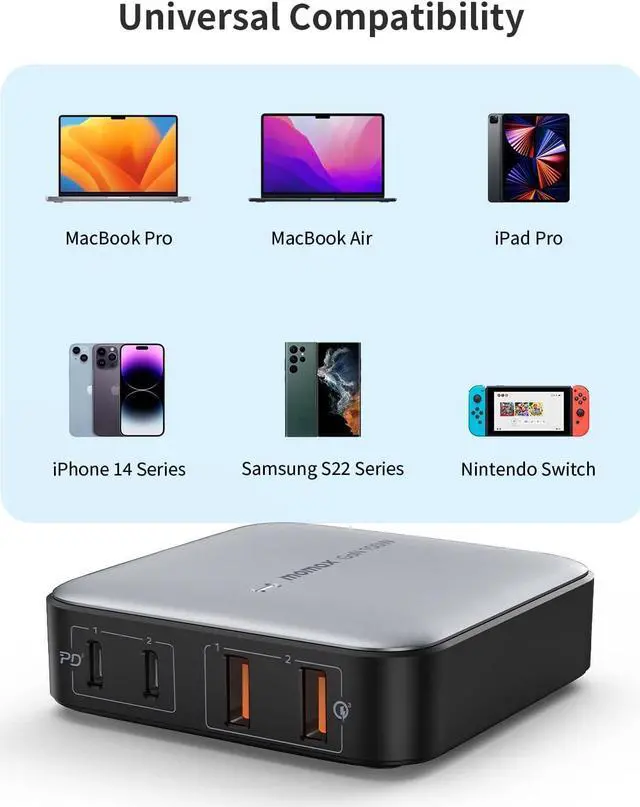 Alt view image 7 of 7 - MOMAX USB C Charging Station, 100W GaN USB C Charger with 6.56ft Cord, Fast USB C PD Charger Hub with 2USB-C, 2USB-A, PPS, QC, Desk Charging Station for iPhone14/13/12, MacBook Pro/Air, Laptop, etc