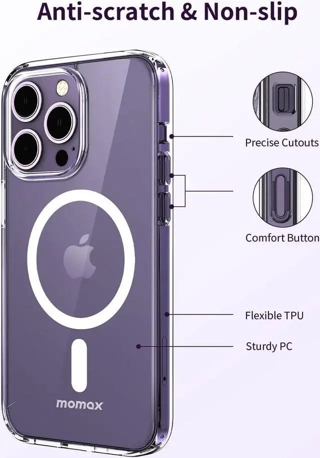 Alt view image 6 of 7 - MOMAX Magnetic Phone Case, Clear Magnet Phone Case Compatible with Magsafe Case for iPhone 14 Pro Max, Slim iPhone 14 Pro Max Case with Magnet, Anti-Scratch/Anti-Drop Protection, Non Yellowing