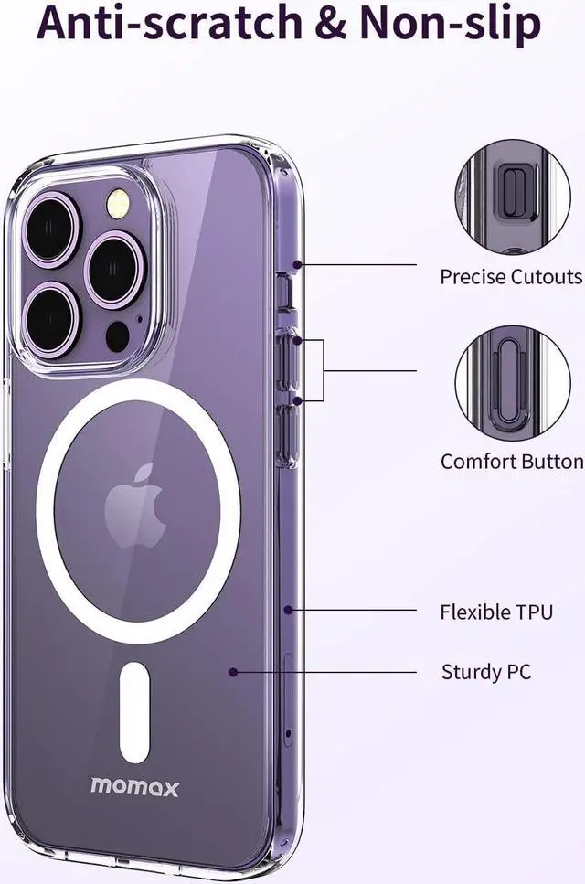 Alt view image 6 of 7 - MOMAX Magnetic Phone Case, Clear Magnet Phone Case Compatible with Magsafe Case for iPhone 14 Pro, Slim iPhone 14 Pro Case with Magnet, Anti-Scratch/Anti-Shock/Anti-Drop Protection, Non Yellowing