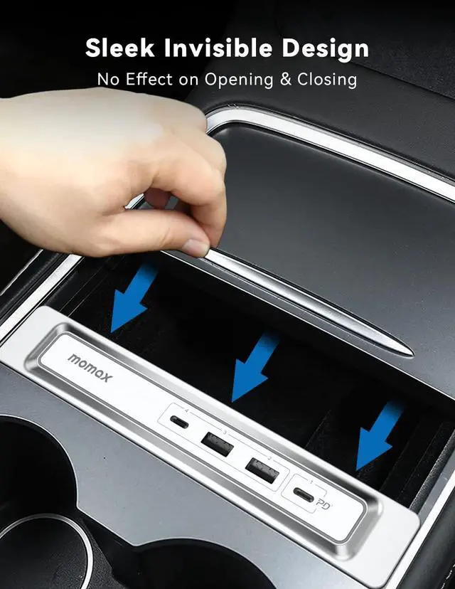 Alt view image 3 of 7 - MOMAX Tesla Model Y Accessories, Tesla Car Accessories for 2021 2022 Tesla Model 3/Y, 4 in 1 Tesla USB Hub Support 27W PD Fast Charging, White LED Tesla Charger Station 100% Fit Center Console