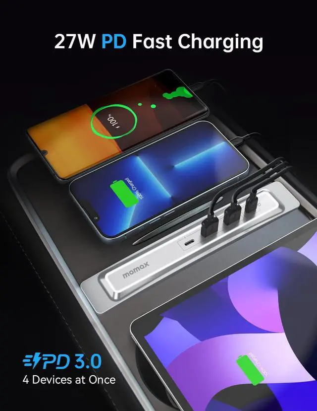 Alt view image 4 of 7 - MOMAX Tesla Model Y Accessories, Tesla Car Accessories for 2021 2022 Tesla Model 3/Y, 4 in 1 Tesla USB Hub Support 27W PD Fast Charging, White LED Tesla Charger Station 100% Fit Center Console