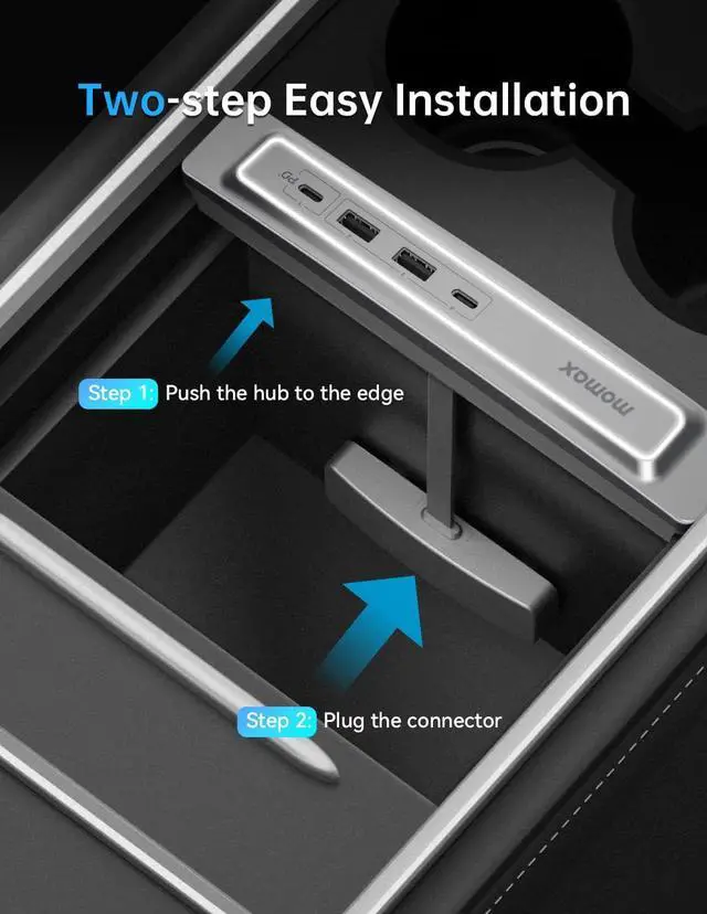 Alt view image 7 of 7 - MOMAX Tesla Model Y Accessories, Tesla Car Accessories for 2021 2022 Tesla Model 3/Y, 4 in 1 Tesla USB Hub Support 27W PD Fast Charging, White LED Tesla Charger Station 100% Fit Center Console