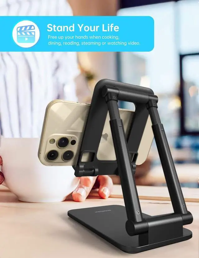 Alt view image 2 of 7 - MOMAX Cell Phone Stand, Phone Holder - Fully Foldable & Height Adjustable Mobile Stand for Desk, Compatible with iPhone 14 13 12 Mini Pro Max, iPad, Galaxy, Kindle, Switch, Phones & Tablets (4-10")