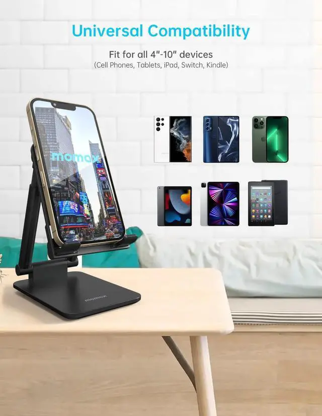 Alt view image 3 of 7 - MOMAX Cell Phone Stand, Phone Holder - Fully Foldable & Height Adjustable Mobile Stand for Desk, Compatible with iPhone 14 13 12 Mini Pro Max, iPad, Galaxy, Kindle, Switch, Phones & Tablets (4-10")