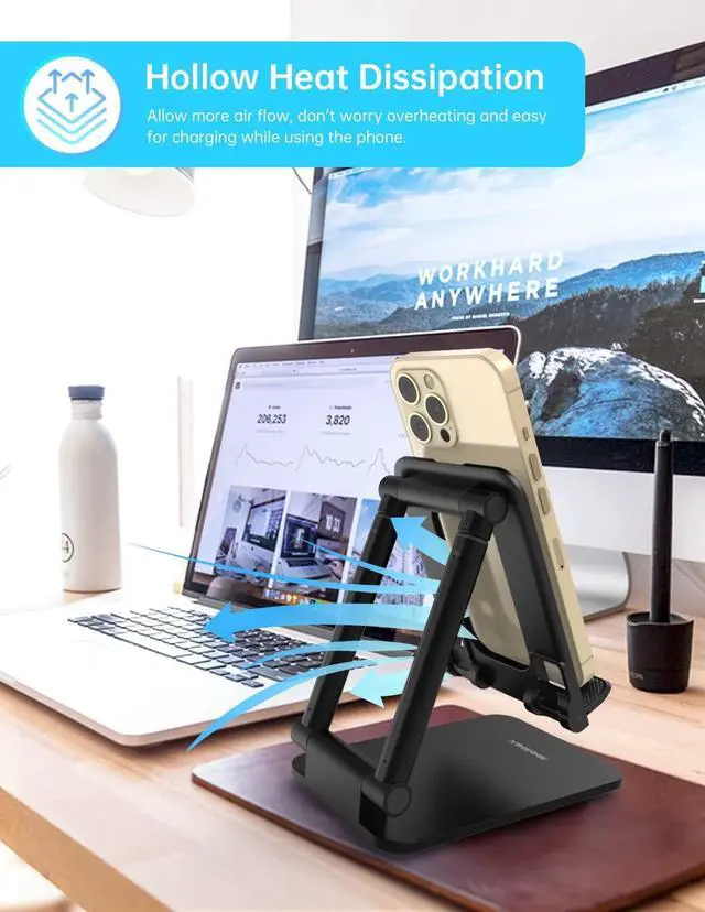 Alt view image 7 of 7 - MOMAX Cell Phone Stand, Phone Holder - Fully Foldable & Height Adjustable Mobile Stand for Desk, Compatible with iPhone 14 13 12 Mini Pro Max, iPad, Galaxy, Kindle, Switch, Phones & Tablets (4-10")