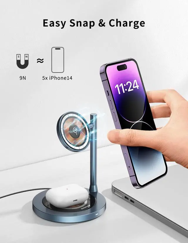 Alt view image 2 of 7 - MOMAX Wireless Charger Stand, Transparent Wireless Magnetic Charger with Magnetic Base, Vertical Laptop Stand Holder, Gravity Auto Locking Holder Storage Dock, Space Saving for Desk Organizer