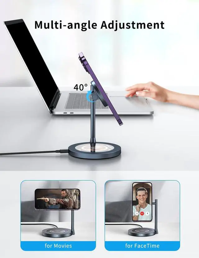 Alt view image 5 of 7 - MOMAX Wireless Charger Stand, Transparent Wireless Magnetic Charger with Magnetic Base, Vertical Laptop Stand Holder, Gravity Auto Locking Holder Storage Dock, Space Saving for Desk Organizer