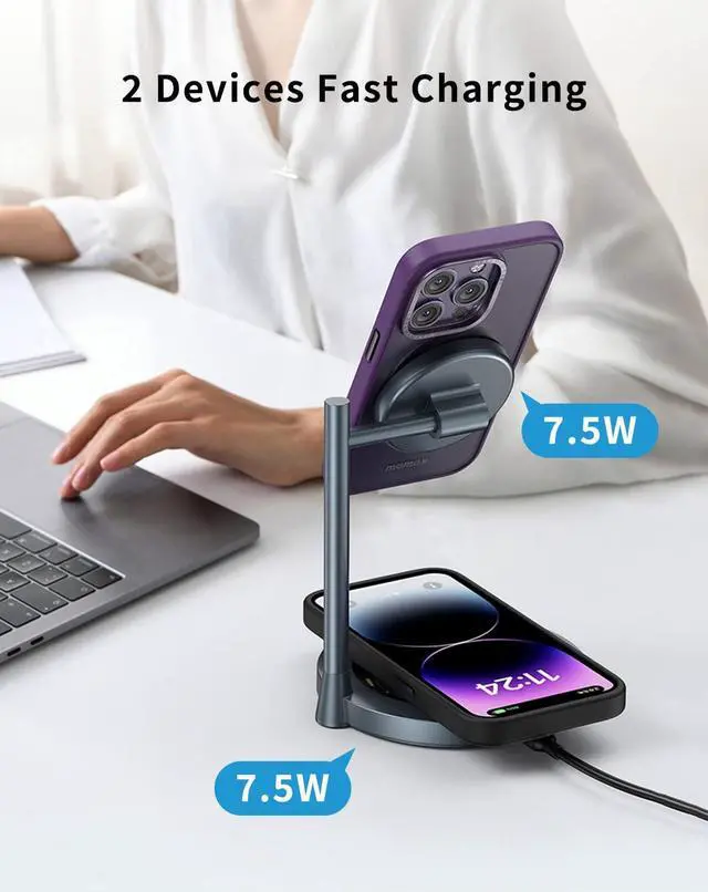 Alt view image 4 of 7 - MOMAX Wireless Charger Stand, Transparent Wireless Magnetic Charger with Magnetic Base, Vertical Laptop Stand Holder, Gravity Auto Locking Holder Storage Dock, Space Saving for Desk Organizer