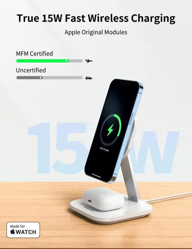 Alt view image 2 of 7 - MOMAX Magsafe Charger, 20W 2 in 1 Magnetic Wireless Charger Stand Charging Station only for iPhone 14/14 Max/14Pro/14Pro Max/13/13 Pro/13 Pro Max/12 series,AirPods 2/3/with USB-C Cable (No AC Adapter)