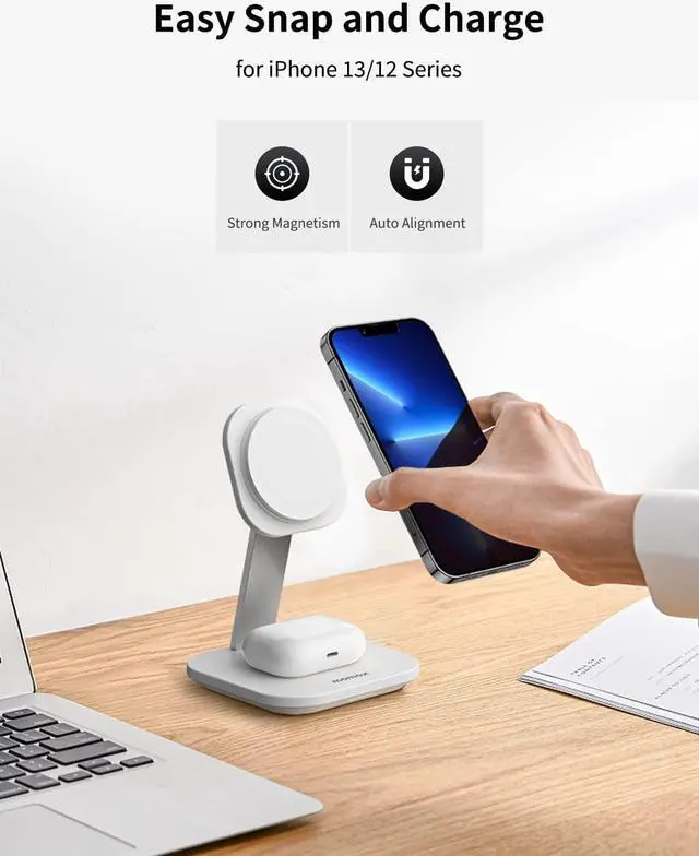 Alt view image 3 of 7 - MOMAX Magsafe Charger, 20W 2 in 1 Magnetic Wireless Charger Stand Charging Station only for iPhone 14/14 Max/14Pro/14Pro Max/13/13 Pro/13 Pro Max/12 series,AirPods 2/3/with USB-C Cable (No AC Adapter)