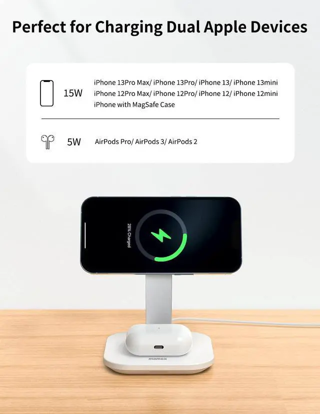 Alt view image 5 of 7 - MOMAX Magsafe Charger, 20W 2 in 1 Magnetic Wireless Charger Stand Charging Station only for iPhone 14/14 Max/14Pro/14Pro Max/13/13 Pro/13 Pro Max/12 series,AirPods 2/3/with USB-C Cable (No AC Adapter)