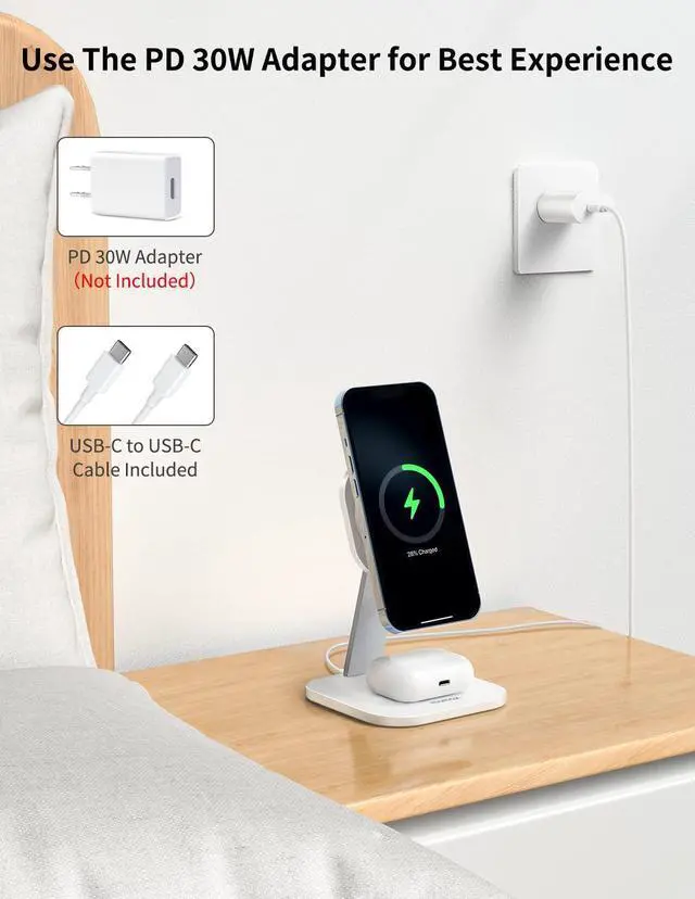 Alt view image 7 of 7 - MOMAX Magsafe Charger, 20W 2 in 1 Magnetic Wireless Charger Stand Charging Station only for iPhone 14/14 Max/14Pro/14Pro Max/13/13 Pro/13 Pro Max/12 series,AirPods 2/3/with USB-C Cable (No AC Adapter)