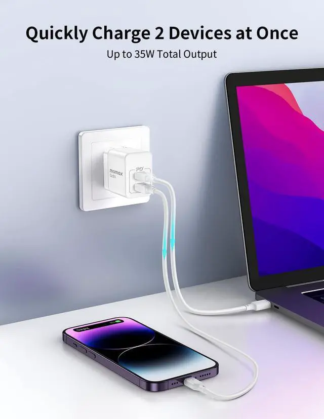 Alt view image 3 of 7 - MOMAX GaN Charger, Dual Port 35W USB C GaN Charger with Foldable Plug, Compact GaN III PD 3.0 Charger, High Power Wall Charger for Laptops, MacBook, iPad Pro/Mini, iPhone 14/Max/Pro/Pro Max (White)