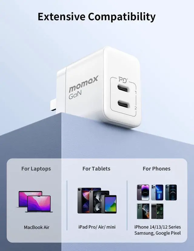 Alt view image 7 of 7 - MOMAX GaN Charger, Dual Port 35W USB C GaN Charger with Foldable Plug, Compact GaN III PD 3.0 Charger, High Power Wall Charger for Laptops, MacBook, iPad Pro/Mini, iPhone 14/Max/Pro/Pro Max (White)