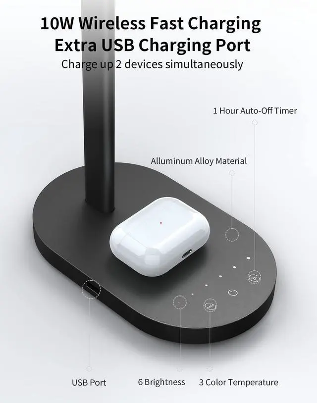 Alt view image 2 of 6 - MOMAX LED Desk Lamp with Wireless Charger, USB Charging Port, Eye Caring Metal Desk Light, Dimmable, Adjustable, 6 Brightness, 3 Color, 270°Rotatable, Touch Control, Timer, Memory Function (Black)