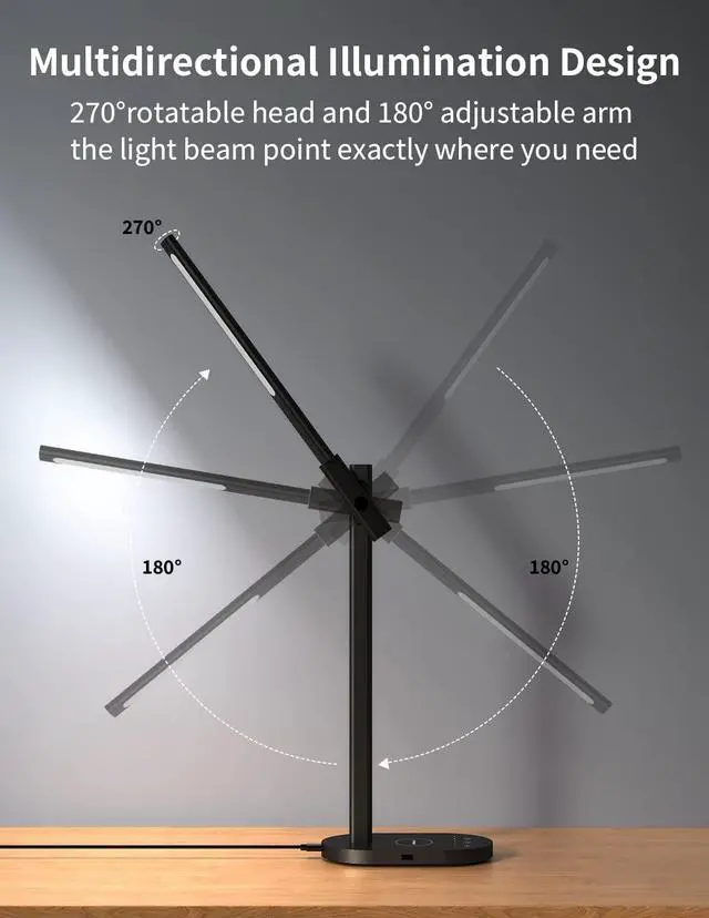 Alt view image 3 of 6 - MOMAX LED Desk Lamp with Wireless Charger, USB Charging Port, Eye Caring Metal Desk Light, Dimmable, Adjustable, 6 Brightness, 3 Color, 270°Rotatable, Touch Control, Timer, Memory Function (Black)