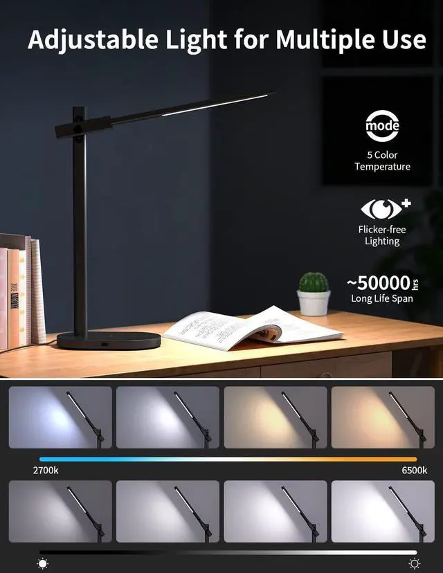 Alt view image 4 of 6 - MOMAX LED Desk Lamp with Wireless Charger, USB Charging Port, Eye Caring Metal Desk Light, Dimmable, Adjustable, 6 Brightness, 3 Color, 270°Rotatable, Touch Control, Timer, Memory Function (Black)
