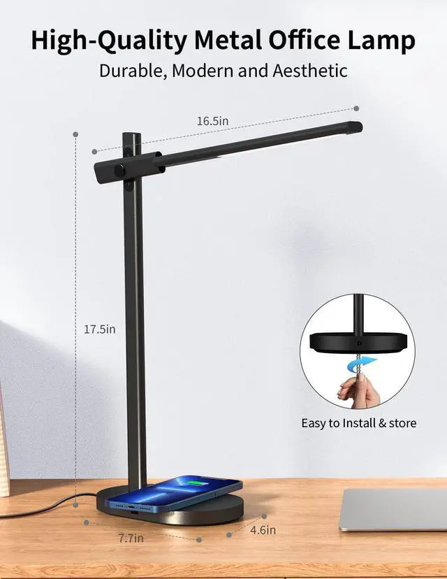 Alt view image 5 of 6 - MOMAX LED Desk Lamp with Wireless Charger, USB Charging Port, Eye Caring Metal Desk Light, Dimmable, Adjustable, 6 Brightness, 3 Color, 270°Rotatable, Touch Control, Timer, Memory Function (Black)