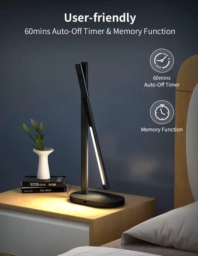 Alt view image 6 of 6 - MOMAX LED Desk Lamp with Wireless Charger, USB Charging Port, Eye Caring Metal Desk Light, Dimmable, Adjustable, 6 Brightness, 3 Color, 270°Rotatable, Touch Control, Timer, Memory Function (Black)
