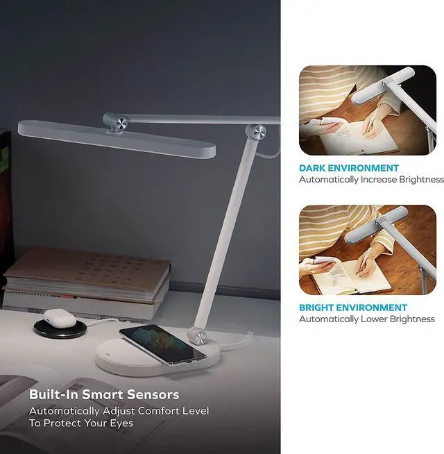 Alt view image 6 of 7 - MOMAX LED Desk Lamp with 15W Wireless Charger, Eye-Caring Table Lamp with Light Sensor, 1000 Lumens, 10W USB Charging Port, Foldable & Rotatable, Desk Light for Home Office, Reading, Studying (White)