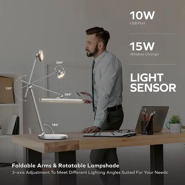 Alt view image 2 of 7 - MOMAX LED Desk Lamp with 15W Wireless Charger, Eye-Caring Table Lamp with Light Sensor, 1000 Lumens, 10W USB Charging Port, Foldable & Rotatable, Desk Light for Home Office, Reading, Studying (White)