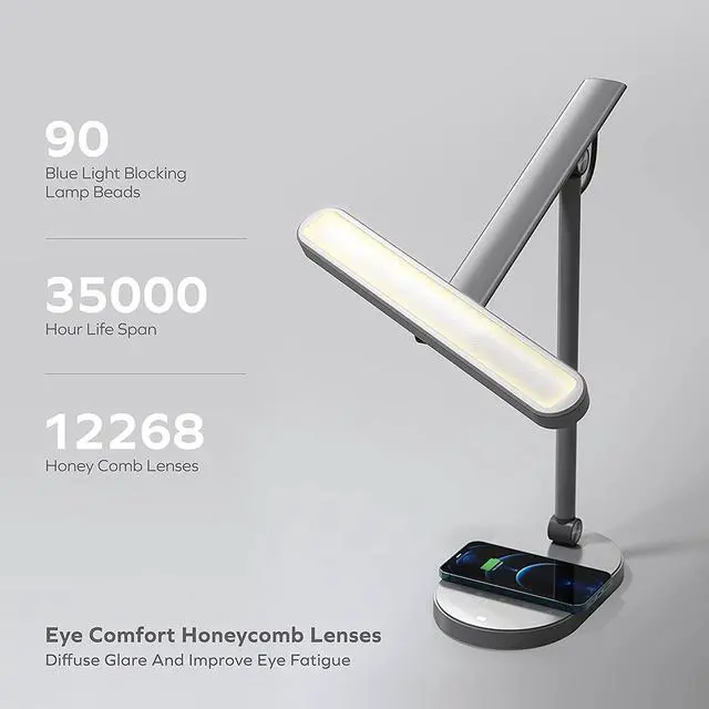 Alt view image 5 of 7 - MOMAX LED Desk Lamp with 15W Wireless Charger, Eye-Caring Table Lamp with Light Sensor, 1000 Lumens, 10W USB Charging Port, Foldable & Rotatable, Desk Light for Home Office, Reading, Studying (White)