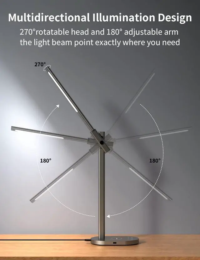 Alt view image 3 of 6 - MOMAX LED Desk Lamp with 10W Wireless Charger, 270° Folding Metal Table Lamp with USB Port, 6 Brightness Levels, Detachable, Eye-Caring Office Desk Lamp for Home Office, Bedroom, Living Room (Grey)