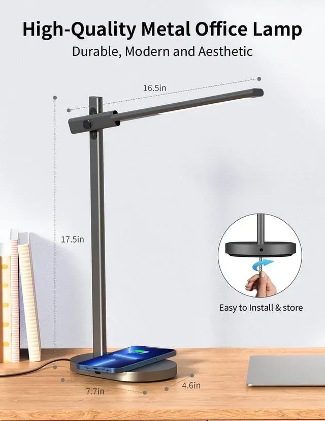 Alt view image 5 of 6 - MOMAX LED Desk Lamp with 10W Wireless Charger, 270° Folding Metal Table Lamp with USB Port, 6 Brightness Levels, Detachable, Eye-Caring Office Desk Lamp for Home Office, Bedroom, Living Room (Grey)