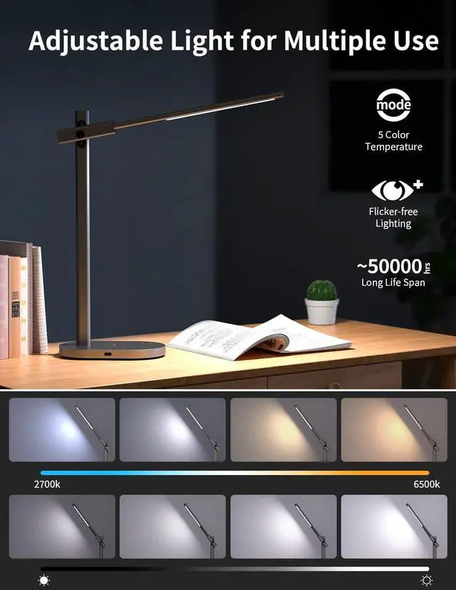 Alt view image 4 of 6 - MOMAX LED Desk Lamp with 10W Wireless Charger, 270° Folding Metal Table Lamp with USB Port, 6 Brightness Levels, Detachable, Eye-Caring Office Desk Lamp for Home Office, Bedroom, Living Room (Grey)
