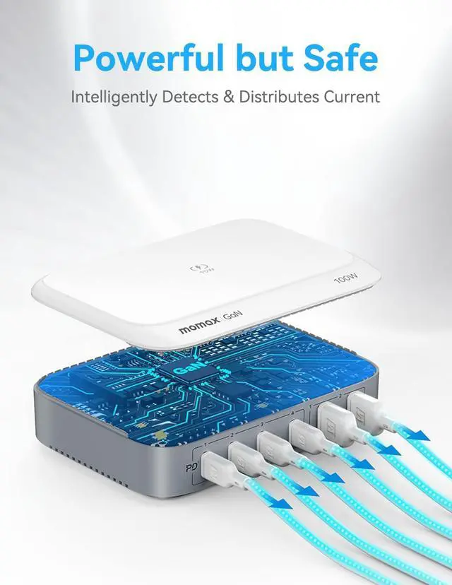 Alt view image 7 of 7 - MOMAX Multiple USB Charging Station, 100W GaN 6 Port USB C Charger Hub, Portable Charging Station with 15W Wireless Charging, 4 PD USB-C & 2 QC USB-A Multiport Charger for iPhone/iPad/MacBook/Switch