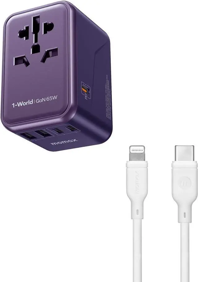Main image of MOMAX Universal Travel Adapter, 65W GaN Travel Plug Adapter with UK/EU/AU/US Plugs, 3USB-C PD & 2USB-A QC, USB C to Lightning Cable 1ft, MFi Certified (White)