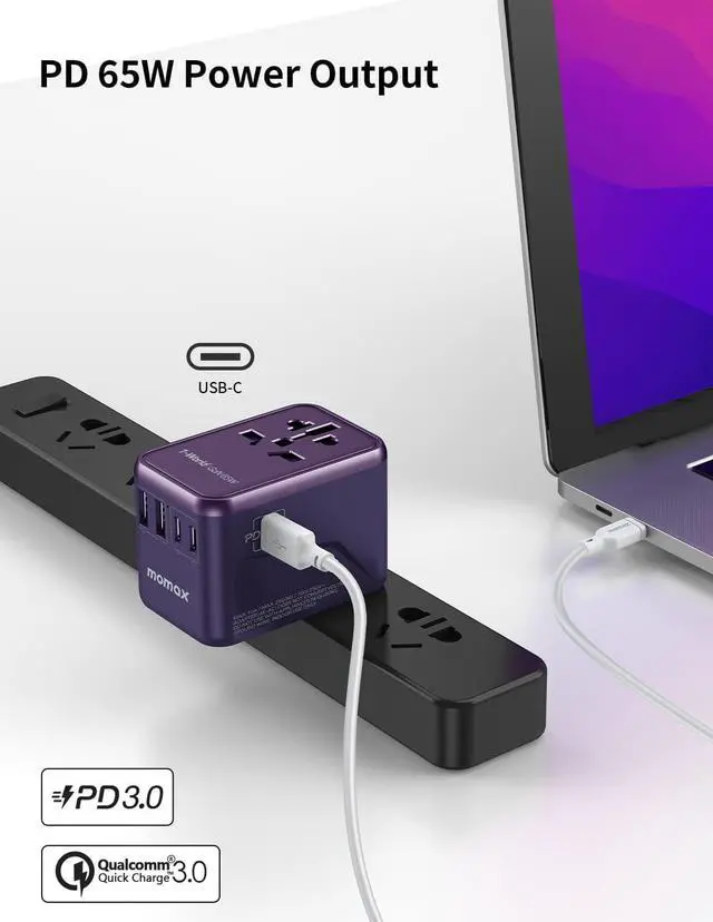 Alt view image 2 of 7 - MOMAX Universal Travel Adapter, 65W GaN Travel Plug Adapter with UK/EU/AU/US Plugs, 3USB-C PD & 2USB-A QC International Adapter Charger, International Converter for Laptops Tablets Phones-Purple