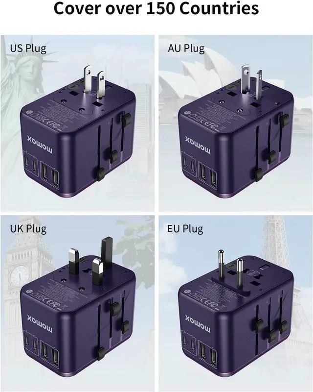 Alt view image 4 of 7 - MOMAX Universal Travel Adapter, 65W GaN Travel Plug Adapter with UK/EU/AU/US Plugs, 3USB-C PD & 2USB-A QC International Adapter Charger, International Converter for Laptops Tablets Phones-Purple